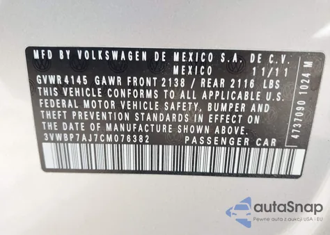 2012 Volkswagen Jetta 2.5L Se z USA, uszkodzony, nr VIN 3VWBP7AJ7CM076382